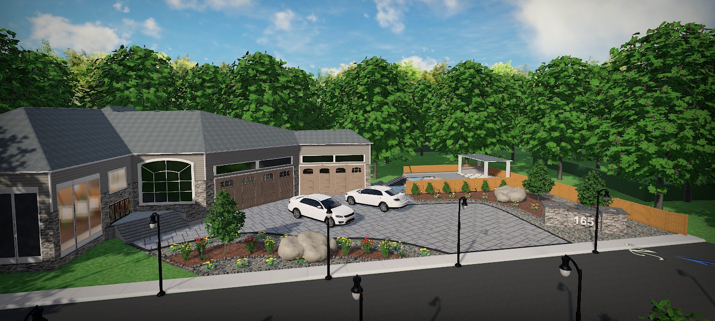 3D rendering of a landscaped front yard