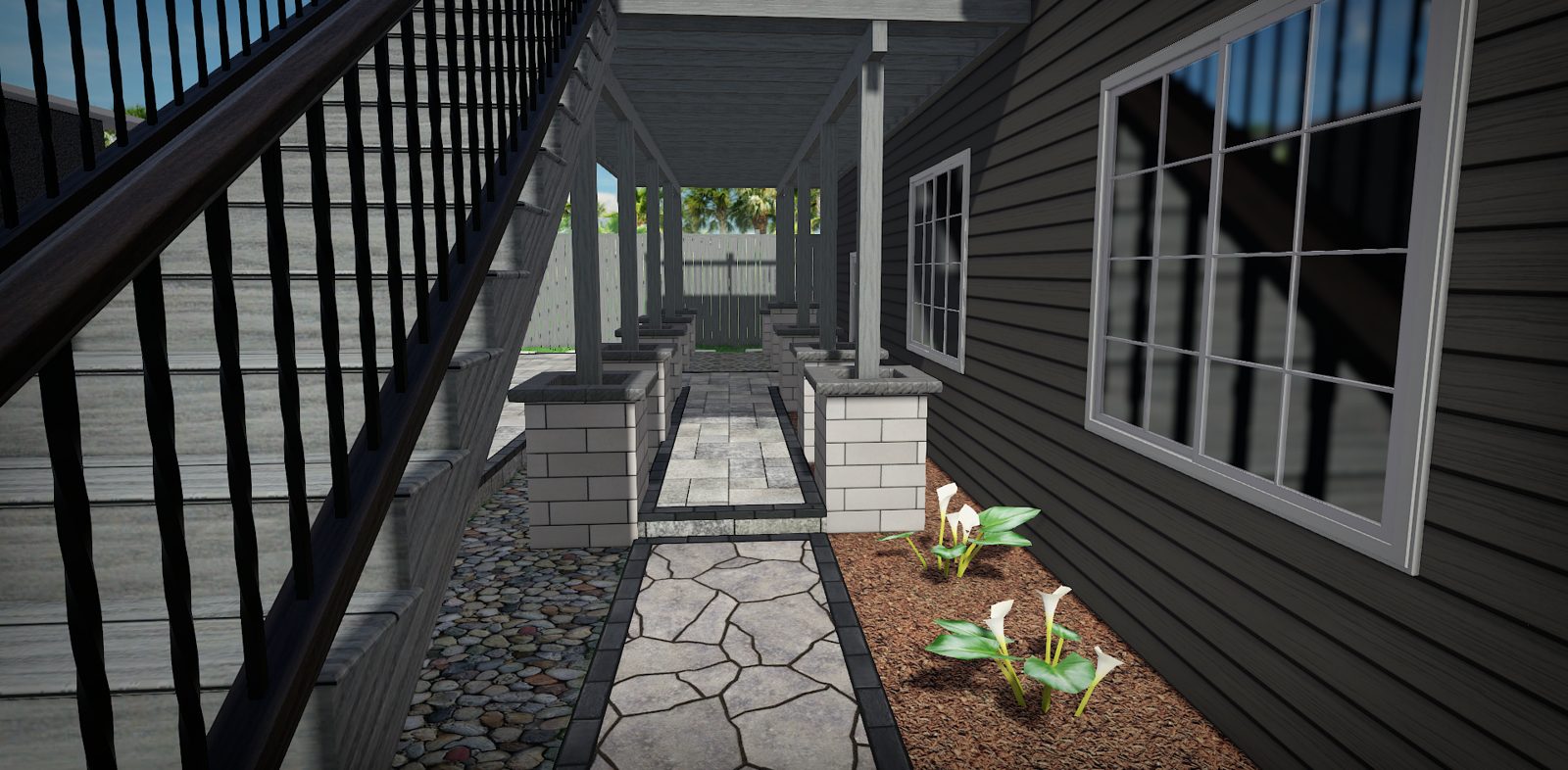 3D rendering of a stone patio with pergola
